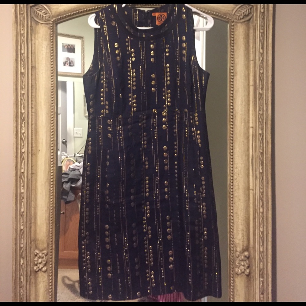 TORY BURCH navy blue with gold accent dress